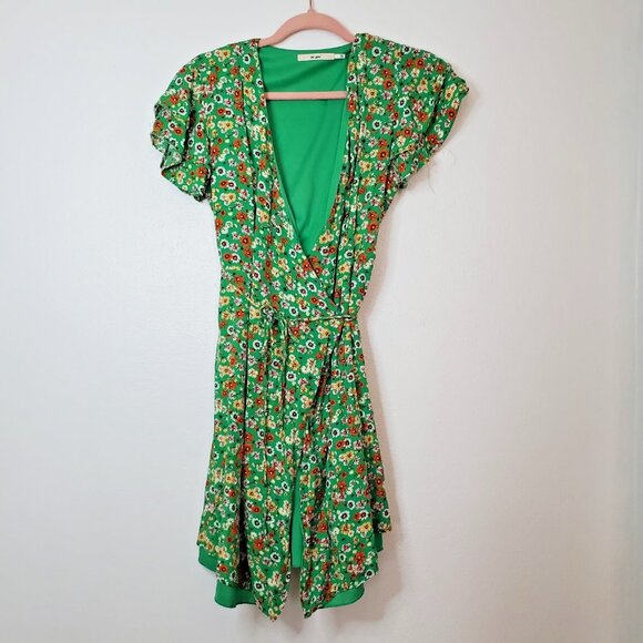 Mi Ami Size L Green Floral Wrap Dress Lined Flirty Flouncy Fabric Flutter Sleeve - Picture 2 of 13